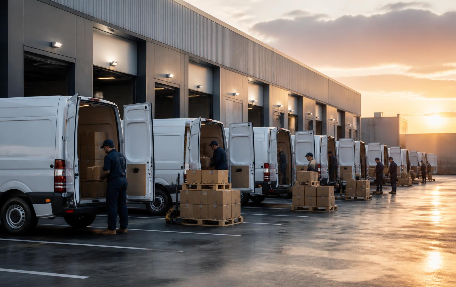 Unidades de reparto siendo cargadas en un centro de distribución al amanecer